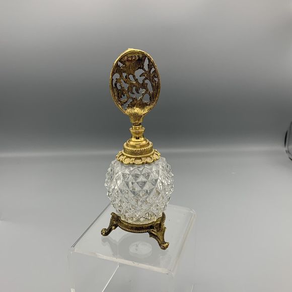 Vtg Ornate Matson Footed Perfume Bottle Dogwood Diamond Point Cut Glass Ormolu - Picture 7 of 17